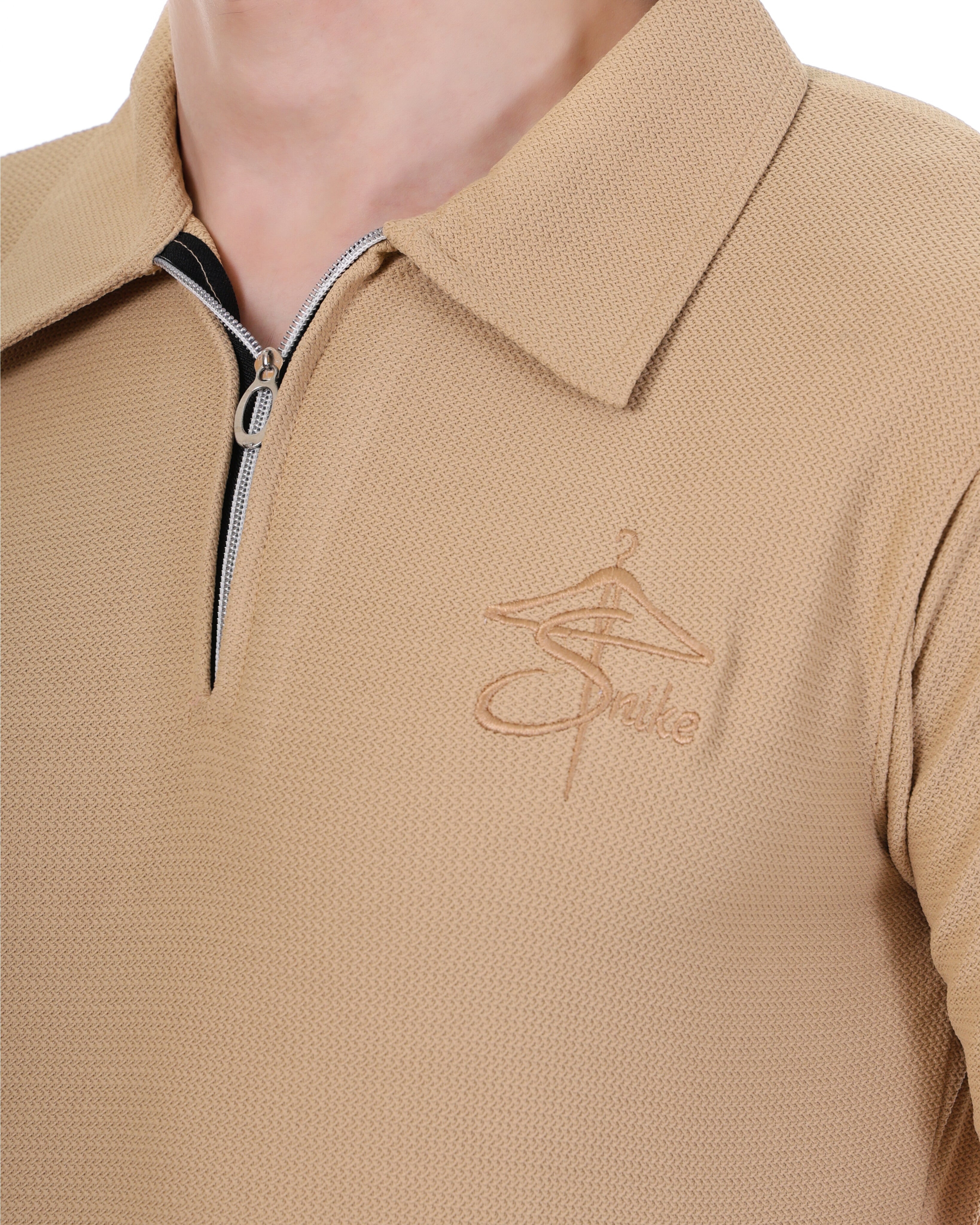 Men's Beige Half Sleeve Polo T-Shirt with Zip Neck
